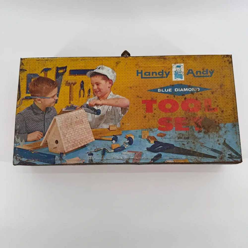 Vintage‎ Handy Andy Blue Diamond Toy Tin Tool Set W Real Tools 50's USA